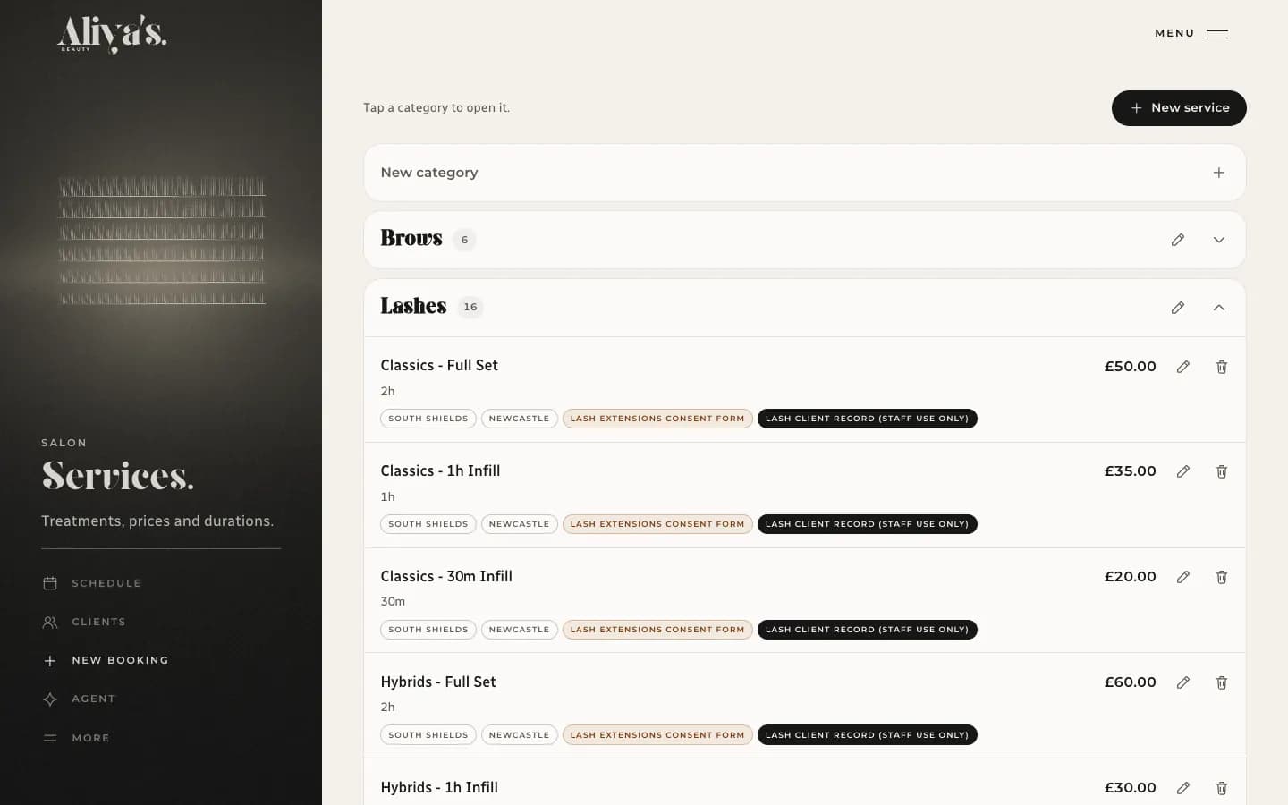 The services screen on a laptop: each lash treatment with its price, length, the locations it is offered at and the consent form it needs