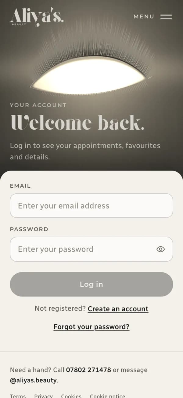 The Aliya’s Beauty sign-in page: the open eye above the words Welcome back and a sign-in form