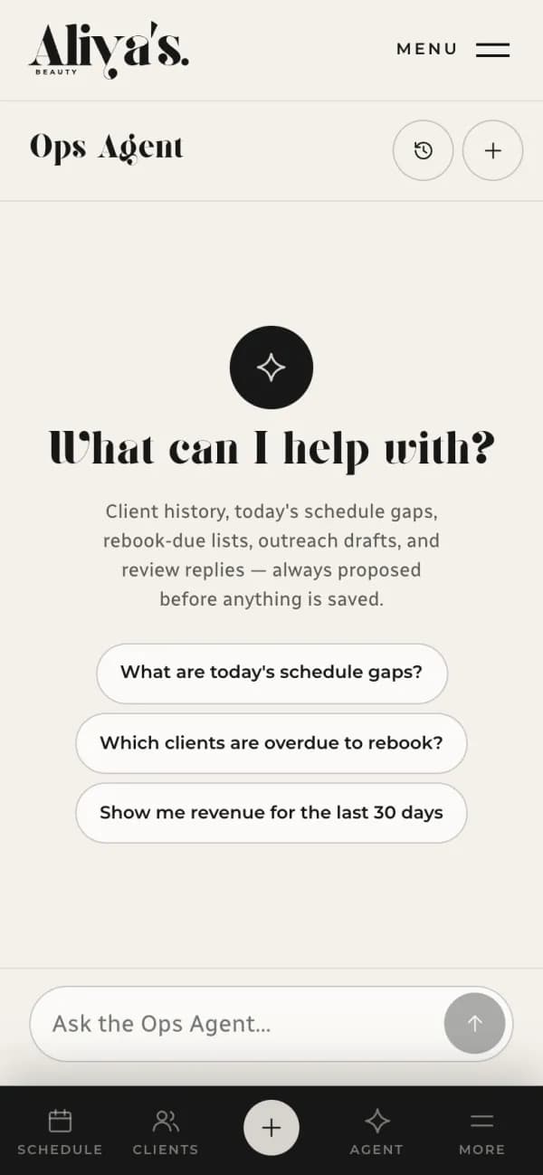 The assistant in Aliya’s Beauty’s staff tools on a phone, offering to find gaps in the diary and clients due to rebook