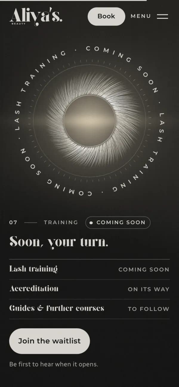 The lash training scene: lashes drawn into a ring inside the words Lash training, coming soon, then training, accreditation and further courses listed as on their way, and a button to join the waitlist