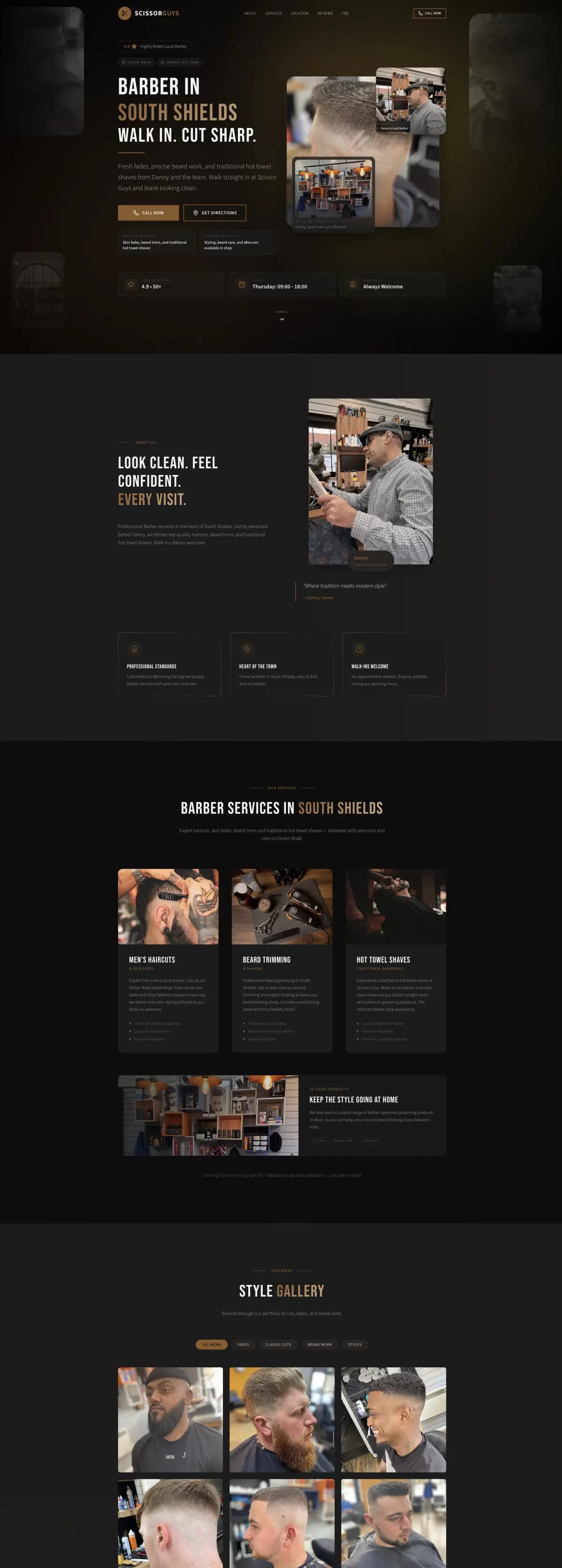 The Scissor Guys homepage, from the opening screen down through the services and the style gallery