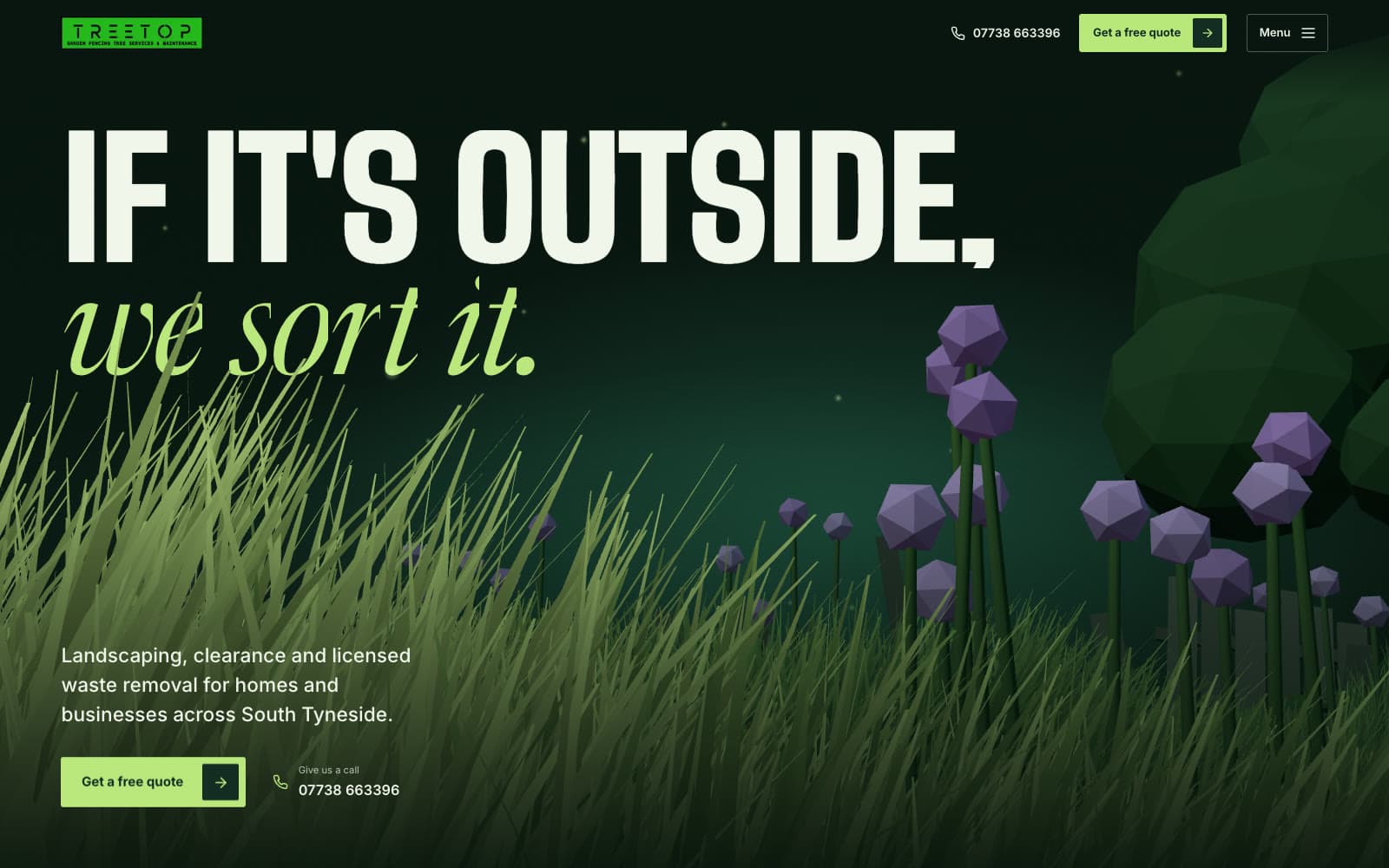 Treetop Gardens landing page. Long grass at night under the headline: If it’s outside, we sort it.