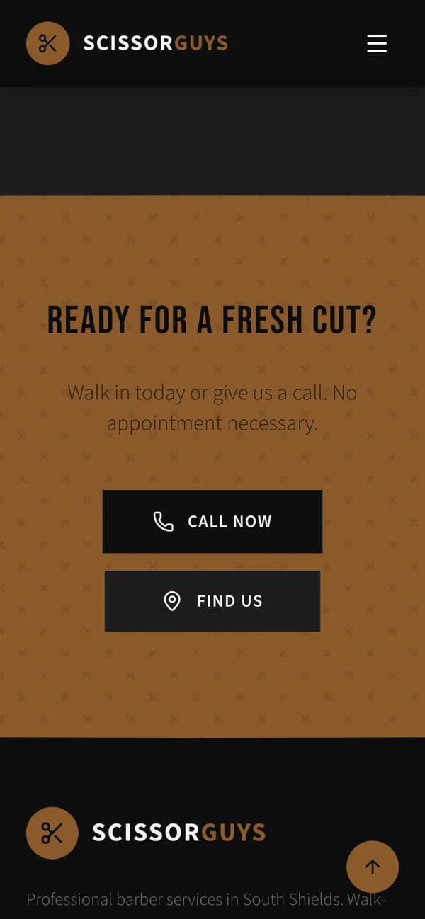 The close of the page on a phone: a bronze panel with buttons to call now and find the shop
