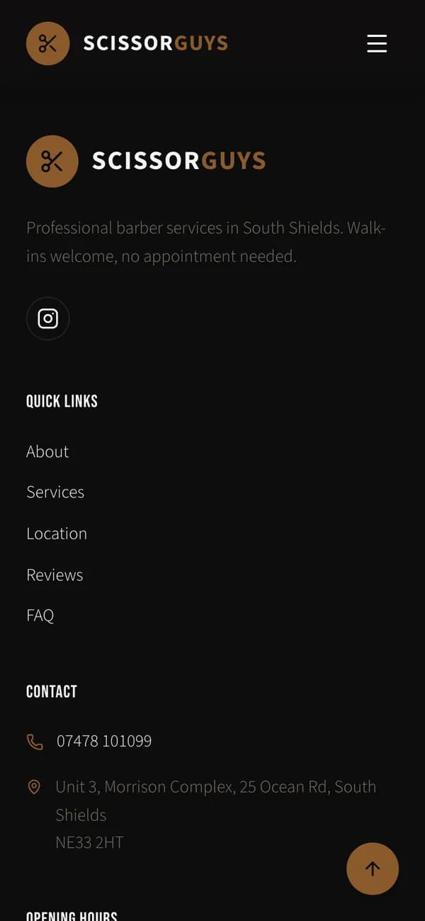 The foot of the page on a phone: the shop’s details, quick links and its Instagram