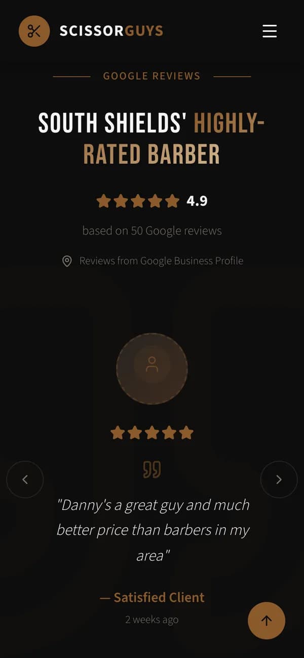 The reviews section on a phone: five stars, the shop’s Google rating and a customer’s review