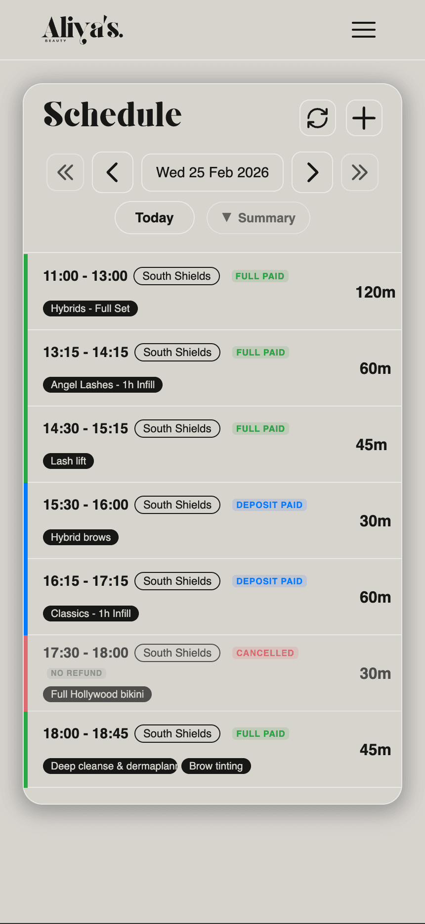 Appointment schedule in the Aliya’s Beauty staff software