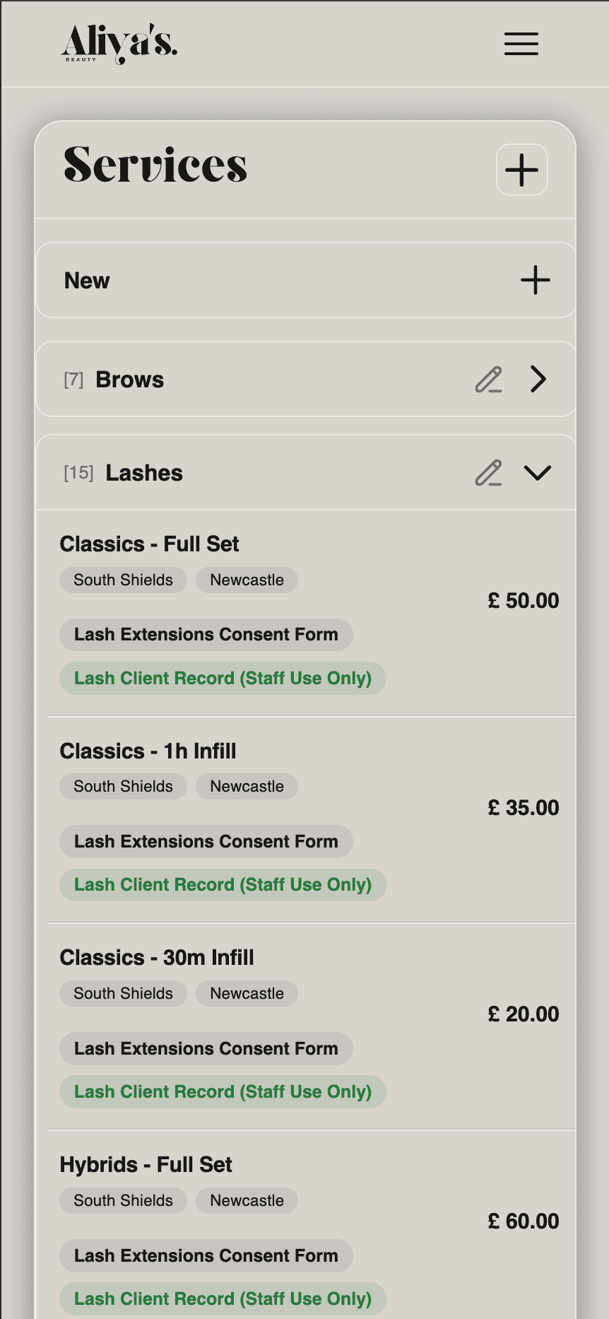 Aliya’s Beauty staff treatment management interface