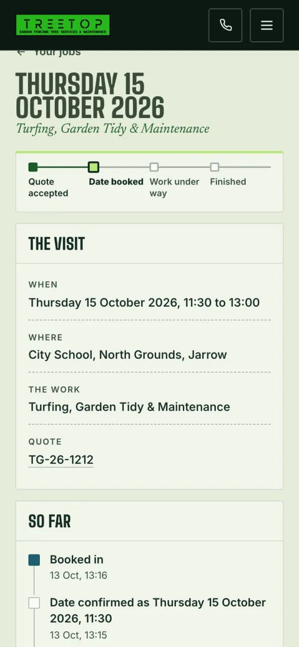 A customer’s job: booked for Thursday 15 October, with its progress and its history in plain words
