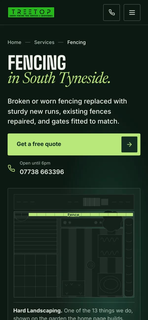 Chosen: Treetop Gardens’ fencing page, with a button for a free quote