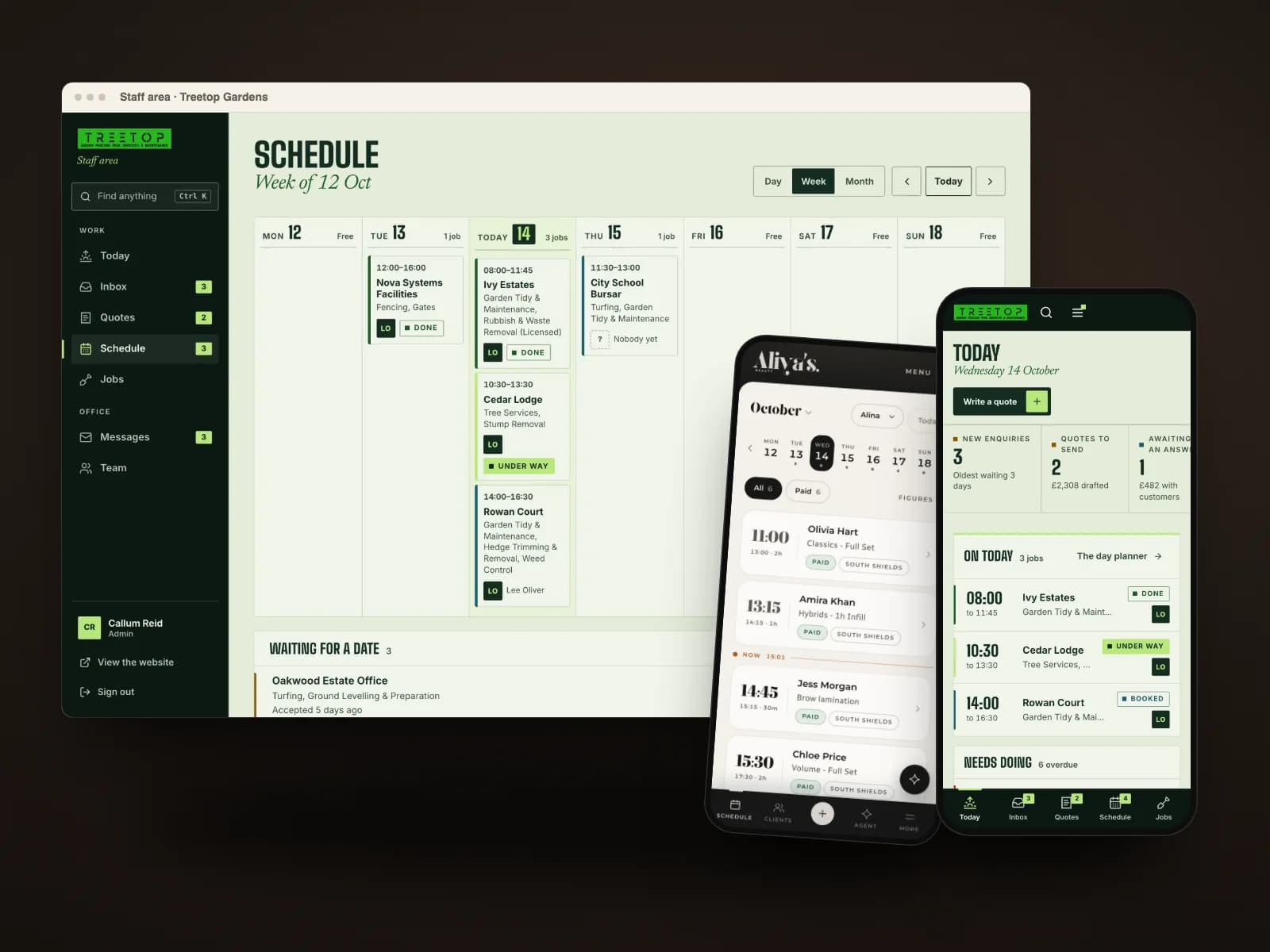 Staff tools we built: Treetop Gardens’ weekly schedule and Today screen, and Aliya’s Beauty’s staff diary.