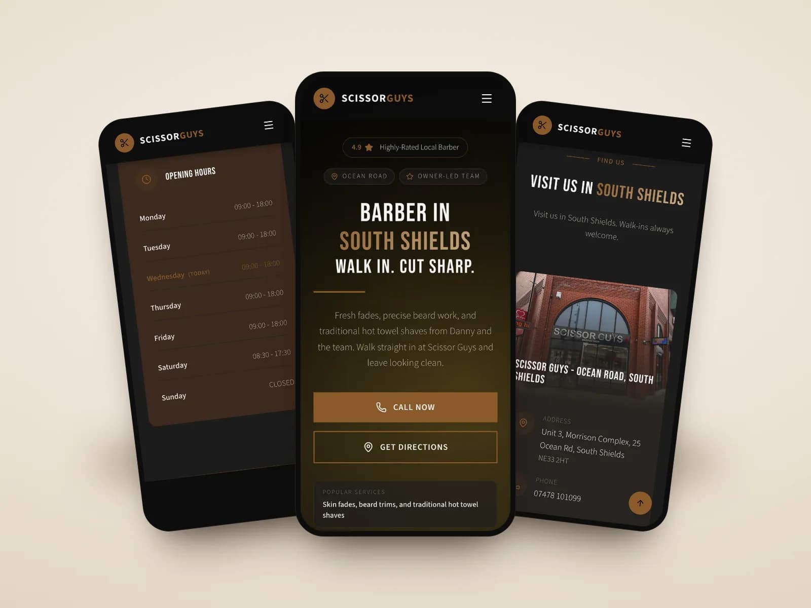 Scissor Guys’ website on three phones: the homepage, the opening hours and how to find the shop on Ocean Road.