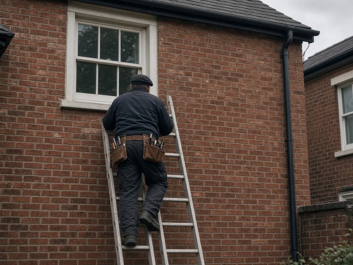 A tradesperson with a tool belt climbing a ladder against a red-brick terraced house.