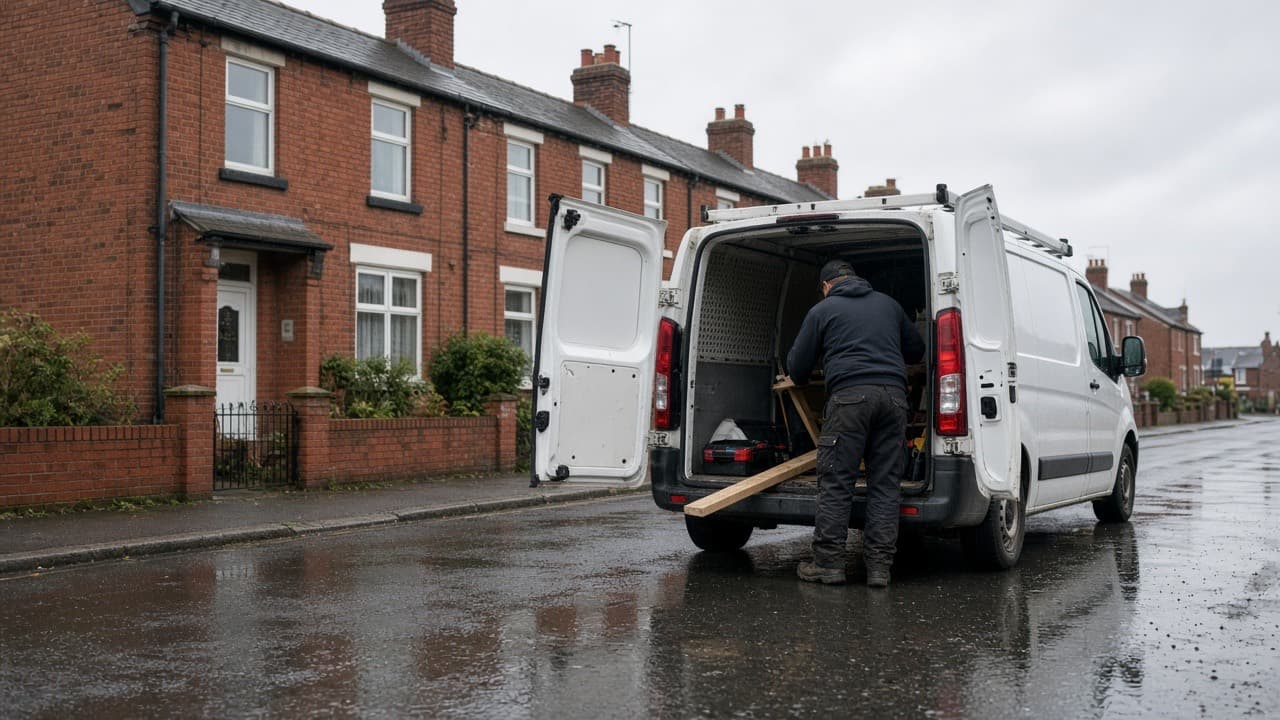 A tradesperson unloading timber from a work van on a wet terraced street.