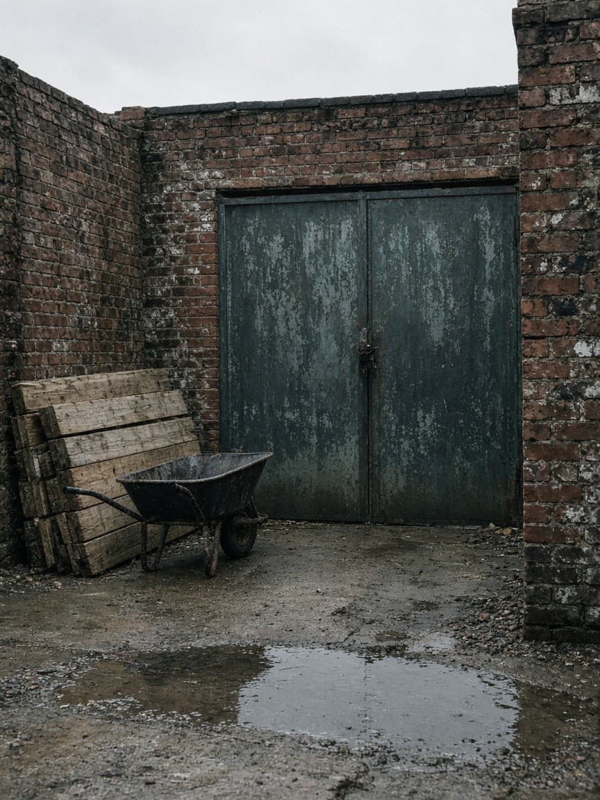 A builder's yard entrance with a steel gate, timber and a wheelbarrow.