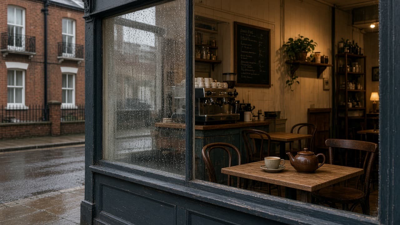 A neighbourhood cafe on a rainy street, with a teapot in the window.